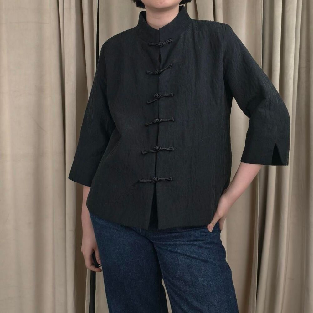 Reworked Eileen Fisher Black Silk Embroidered Mandarin Jacket Tang Jacket